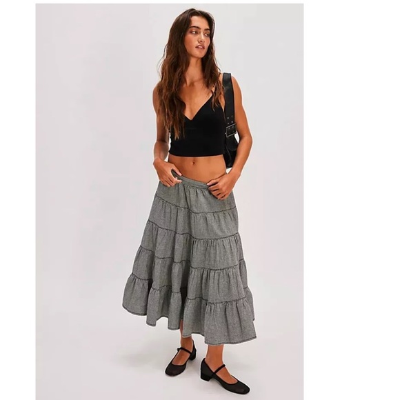 Free People In Full Swing Gingham Midi Tiered Cotton Elastic Waist Skirt Small